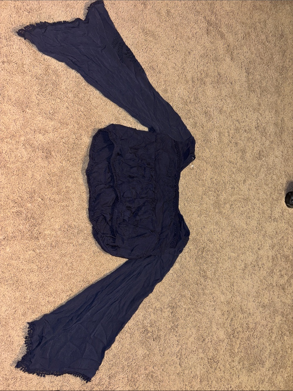 Navy Blue Cropped Blouse With Embroidery and Fringe